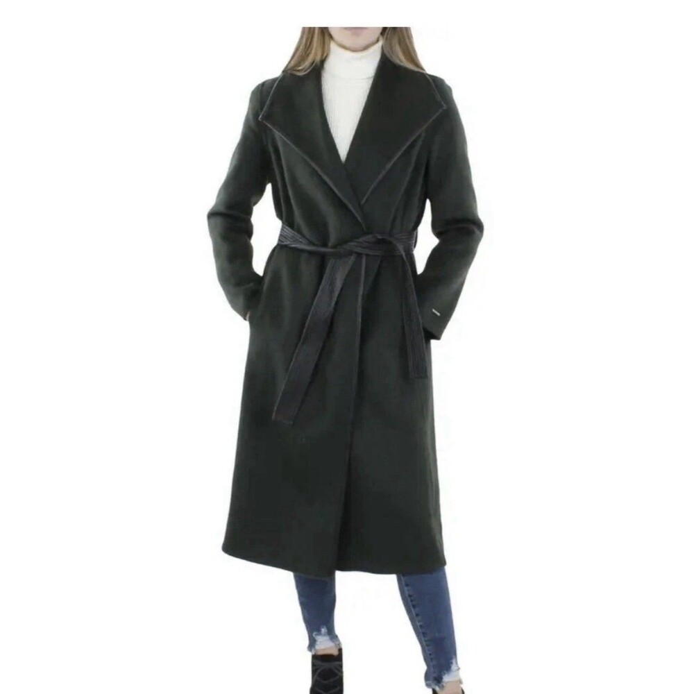 Tahari Women's Plus Size Faux-Leather-Trim Belted Wrap Coat Olive Green XL